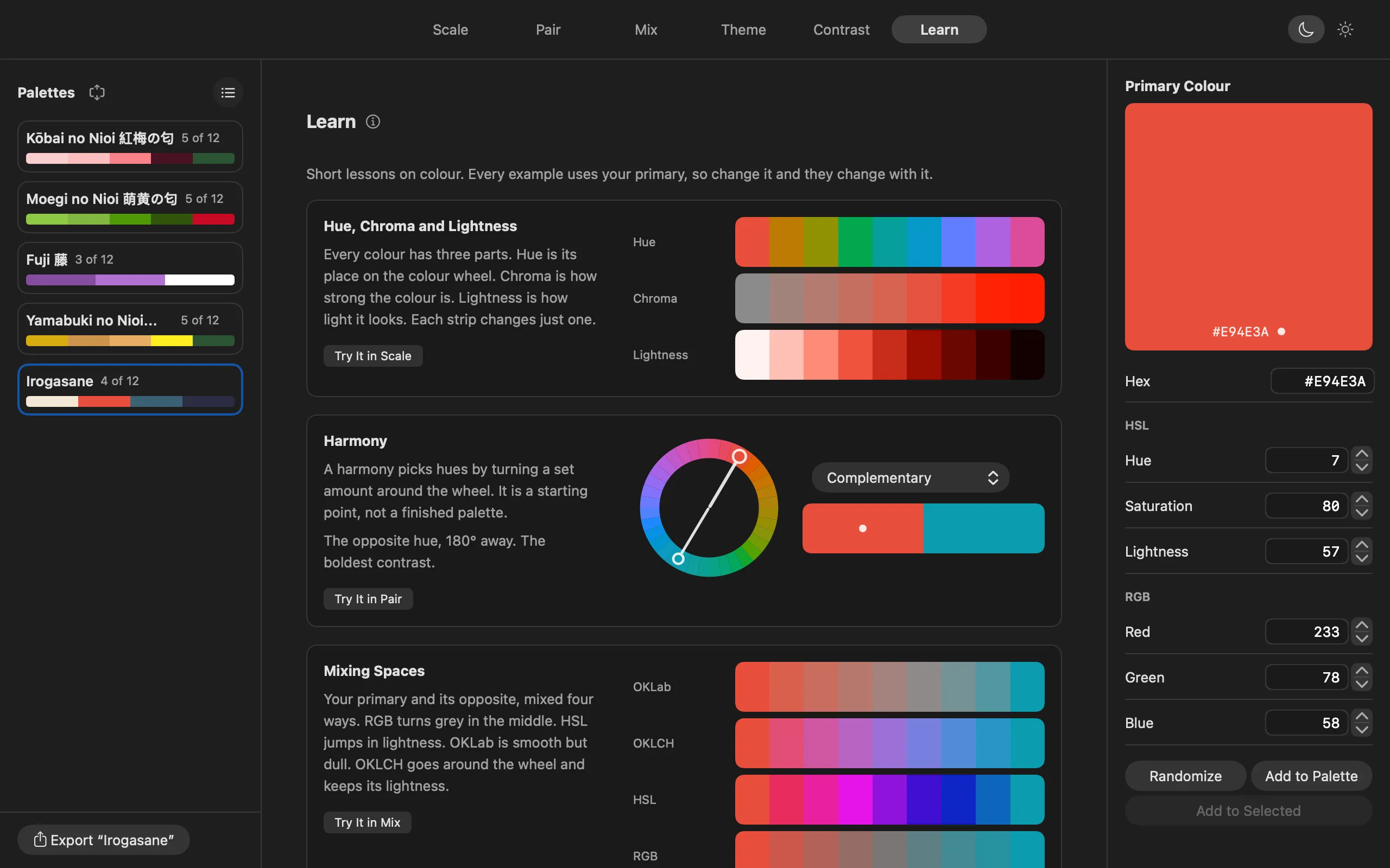 The Learn tab, lessons on hue, harmony and mixing spaces.