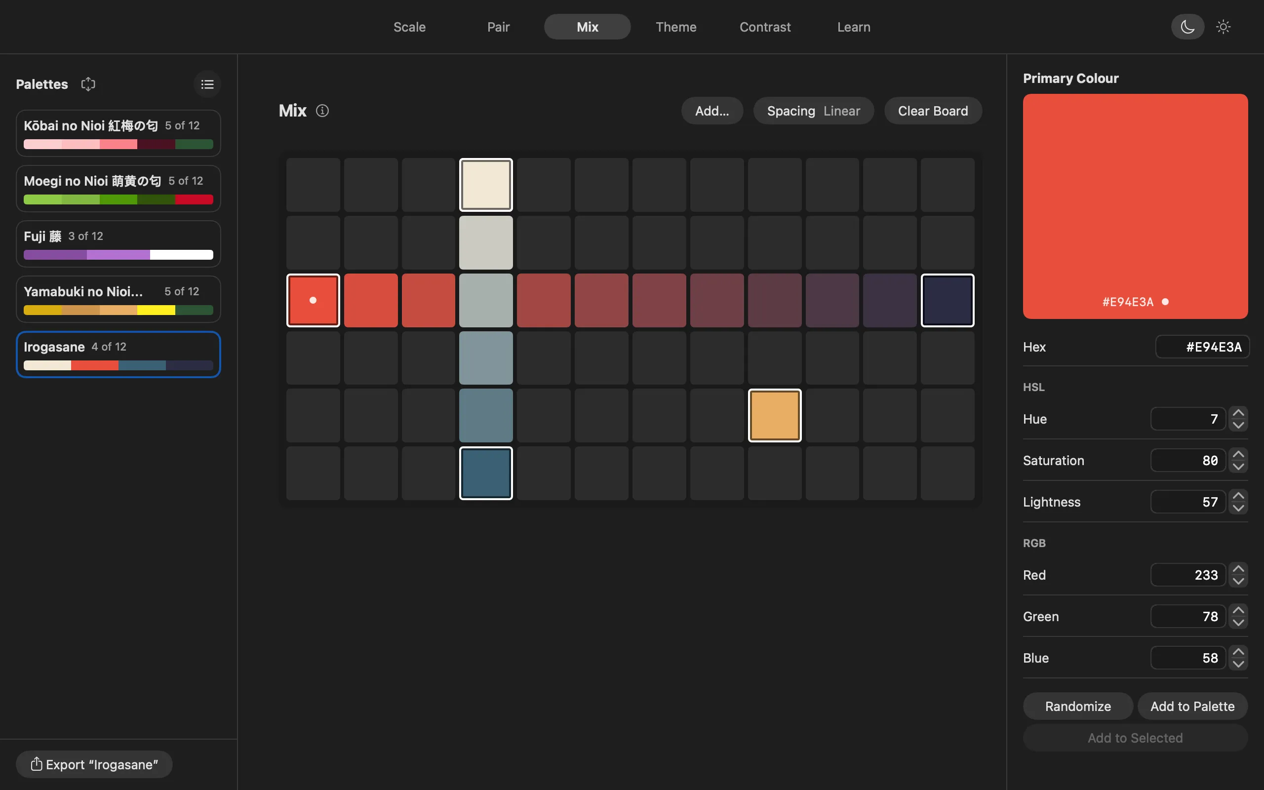 The Mix tab, a board of colour cells blending between anchors.