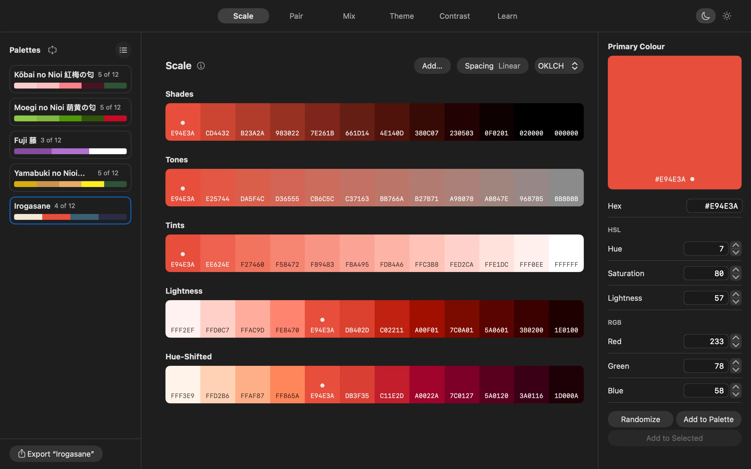 The Scale tab, showing rows of shades and tints built from a red.